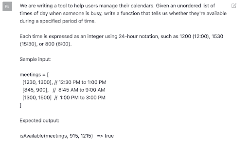 Screenshot of automated coding test question